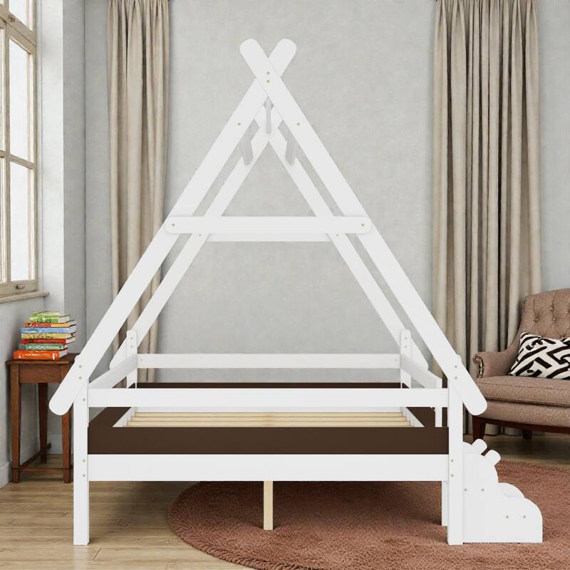 Twin/Full House Platform Bed with Stairs, Solid Wood Low Profile Kids Bed Frame, Fun Playhouse Design for Children