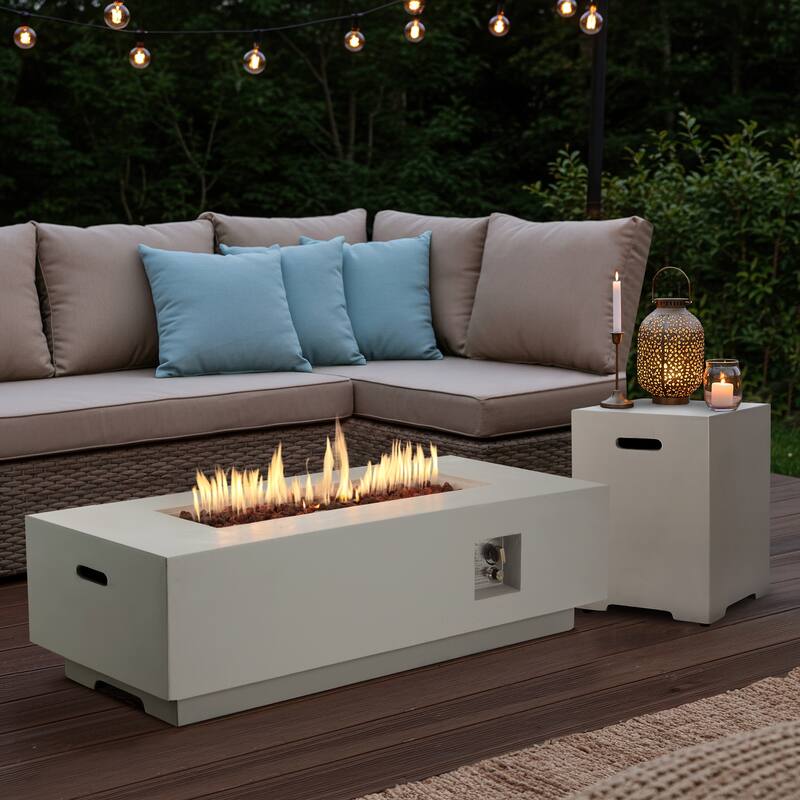 50,000 BTU 30" Outdoor White Round Propane Fire Pit Table and Set - White Rectangle-Fire Pit Set