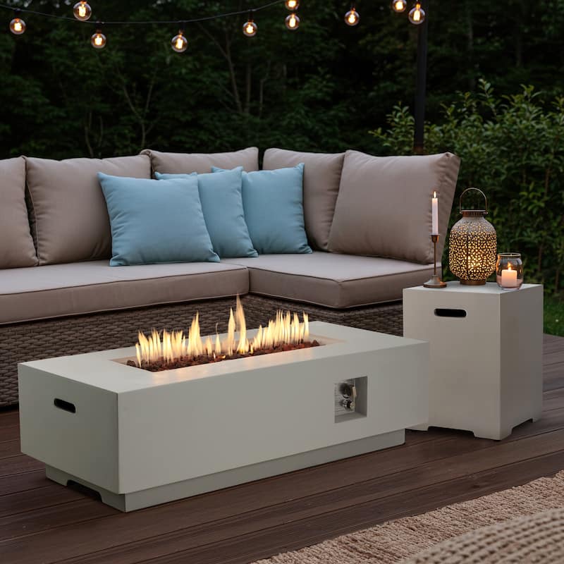 AVAWING 50,000 BTU 30" Outdoor White Round Propane Fire Pit Table and Set (Set Includes Tank Holder)