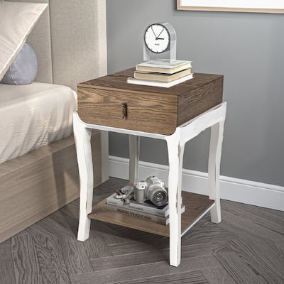 SUNBURY Farmhouse Nightstand Wood Accent End Table w Drawer and Shelf