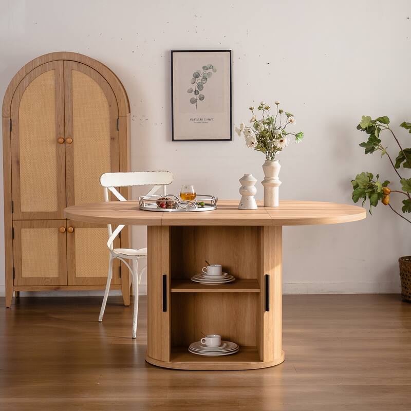 59" Modern Oval Dining Table with Storage Shelf, Wood Sliding Door Kitchen Table for 4-6 People
