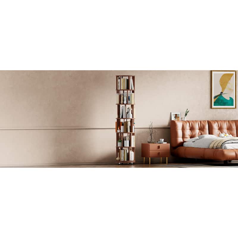 100%Solid Wood Rotating Bookshelf on Wheels, 6 Tier, Round Revolving Bookcase, 360°Spinning Book Shelf Tower, Narrow Bookshelves