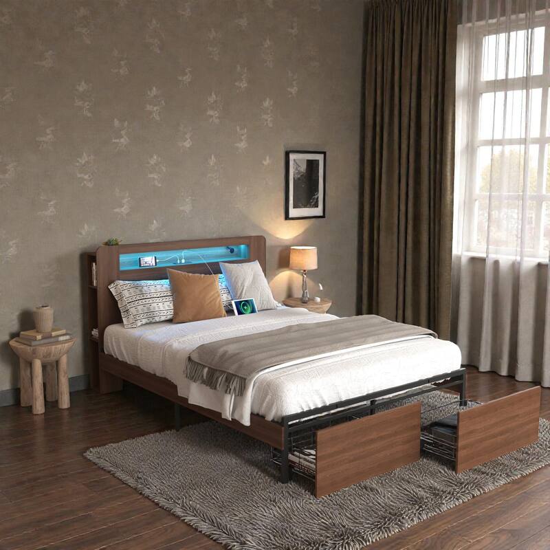 Full or Queen Wood Platform Bed Frame with LED Storage Headboard, Drawers, Charging Station, No Box Spring Needed