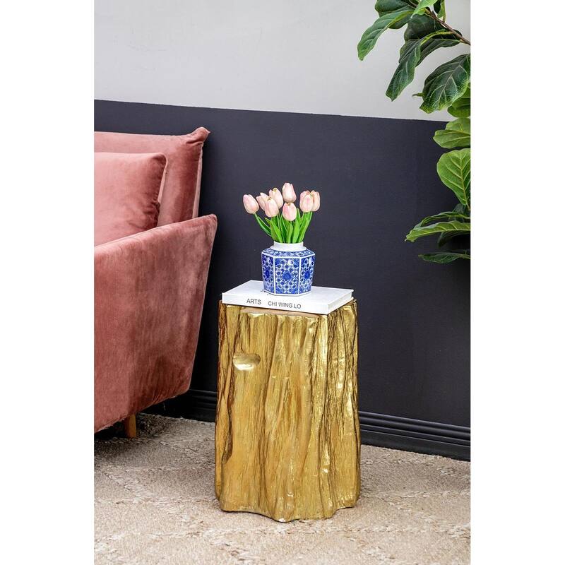 Golden Tree Trunk Stool - Distressed Metal Accent Table, End Table, Side Table - 13.5x13x20"