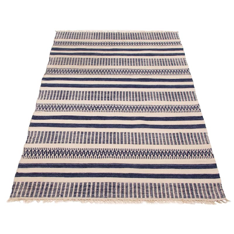 Ankara Cream, Navy Kilim 4'10" x 8'2" - 4'10 x 8'2