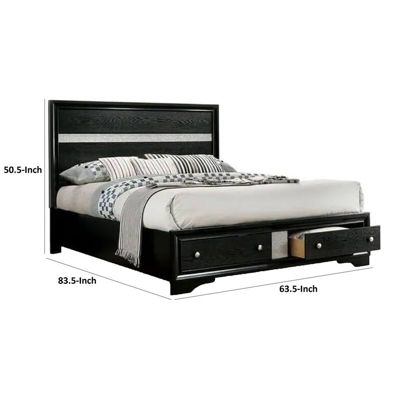 Cevy Queen Size Bed, Footboard Drawers, Black Wood w Glitter Accents