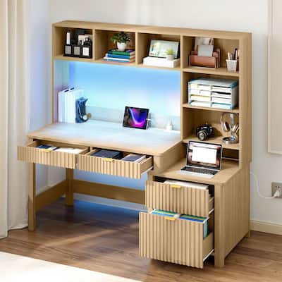 Moasis Modern L Shaped Computer Desk with Hutch and Drawers LED Office Desk w/Power Outlets