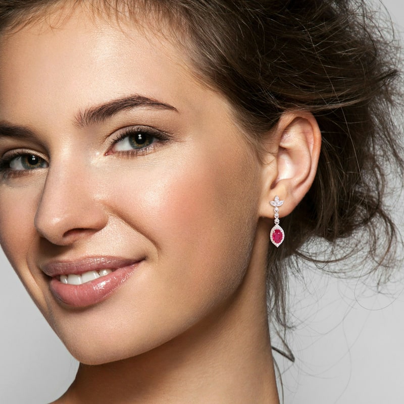Miadora 1 7/8ct TGW Ruby & 3/4ct TDW Marquise and Round Diamond Stud Earrings 14k White Gold