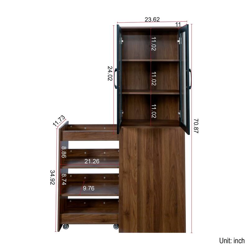 70.87" Tall Display Storage Cabinet with 4-Tier Pull-Out Shelf & Glass Doors, Modern Wooden Kitchen Pantry for Home