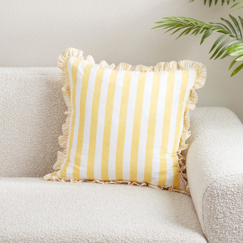 Striped Ruffle Edge Cotton-Blend Throw Pillow - Classic Cabana Stripe Design for Sofa, Bed & Accent Styling