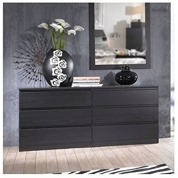 Modern 6 Drawer Double Dresser in Black Woodgrain Finish On Sale