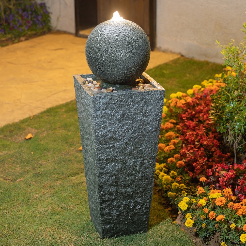 Glitzhome 40.25"H Floating Pedestal Sphere Oversized LED Polyresin Fountain with Pebbles