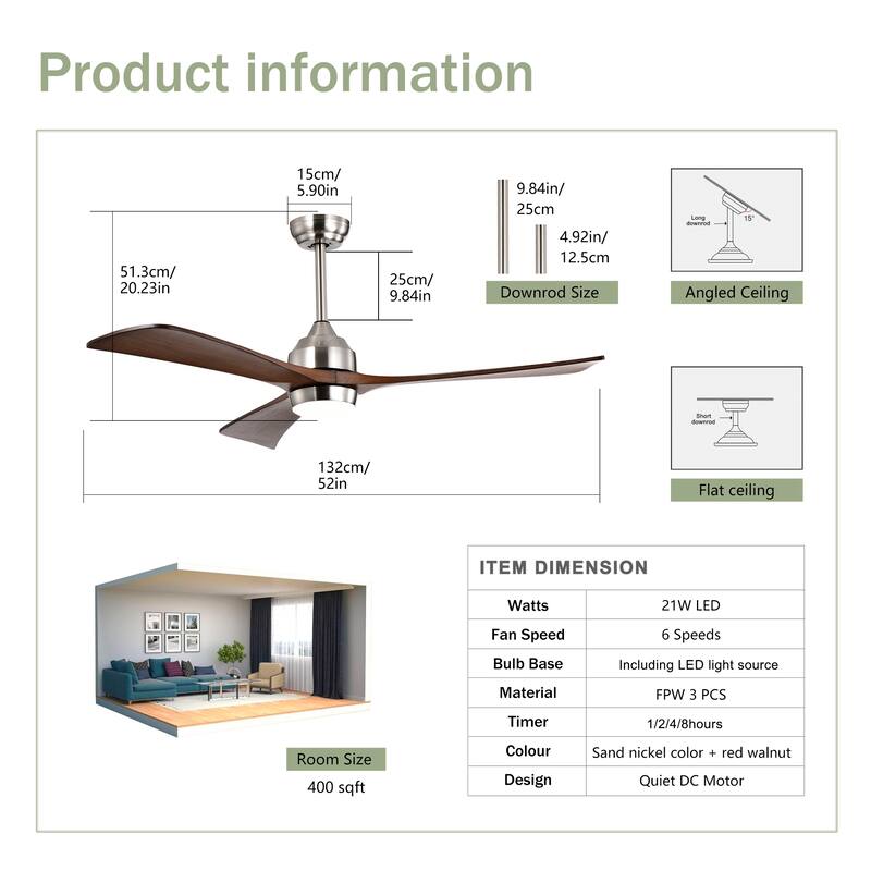 52" Ceiling Fan with Lights Remote Control,Quiet DC Motor 3 Blade Ceiling Fans 6 Speed Levels,Reversible Ceiling Fan