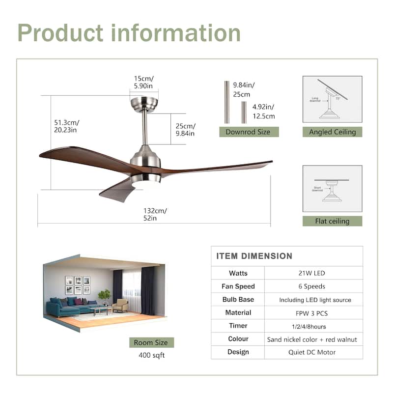 52" Ceiling Fan with Lights Remote Control,Quiet DC Motor 3 Wood Blade Ceiling Fans 6 Speed Levels,Reversible Ceiling Fan