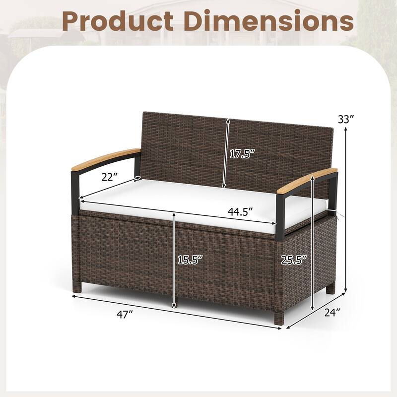 Gymax Outdoor Storage Bench w/Cushion Backrest & Acacia Wood Armrests