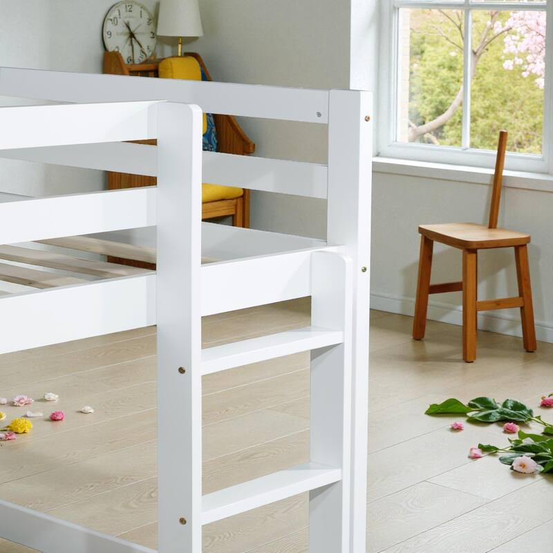 Solid Rubber Wood Twin Over Twin Floor Bunk Bed with Ladder, Low Height Design and Strengthened Slat Support