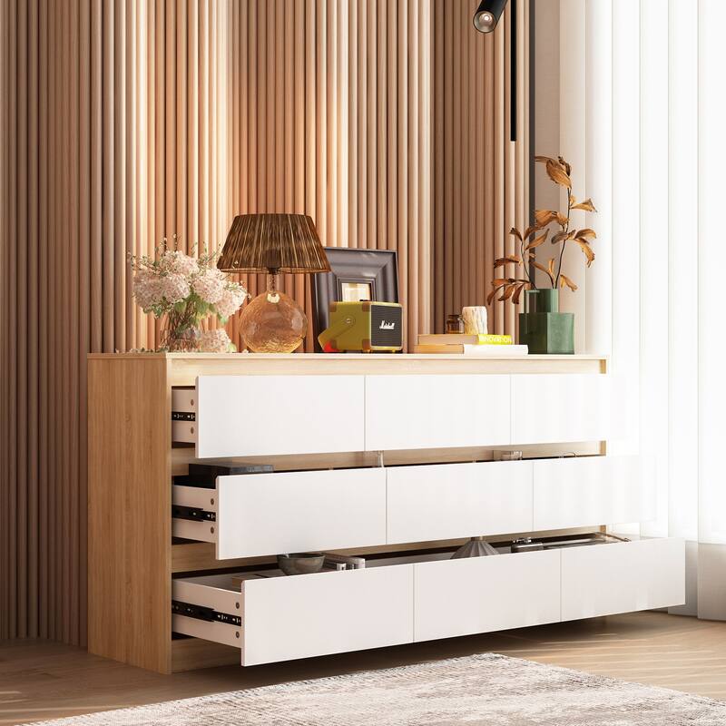 63" Modern 9-Drawer Dresser for Bedroom, Wide White Chest of Drawers, Large Storage Cabinet for Clothes Organization - Oak