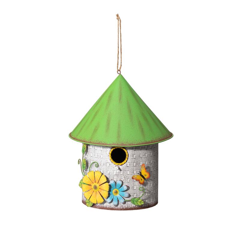 Glitzhome 11"H Spring Distressed Metal Cottage Birdhouse with 3D Flowers