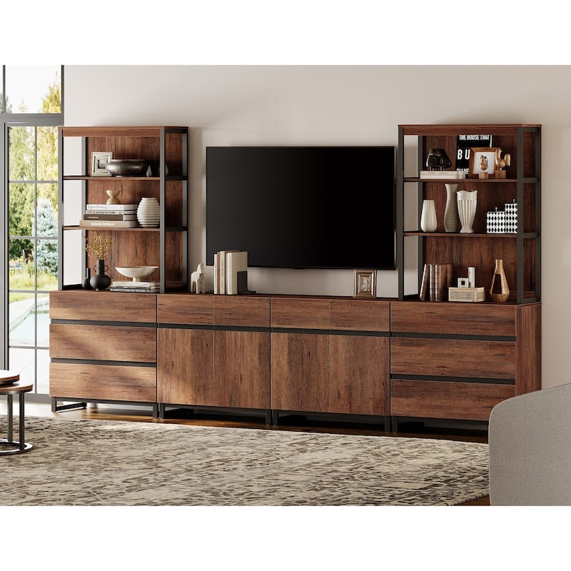WAMPAT Modern Entertainment Center with 3 Tiers Bookshelf, Farmhouse TV Stand with 2 Storage Cabinets and 6 Drawers