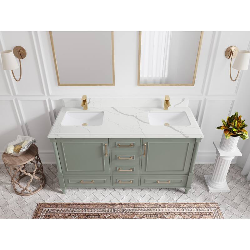 Willow Collections 60 in. W x 22 in. D Aberdeen Double Sink Bathroom Vanity with Countertop - 1.5" Calacatta Laza - Evergreen