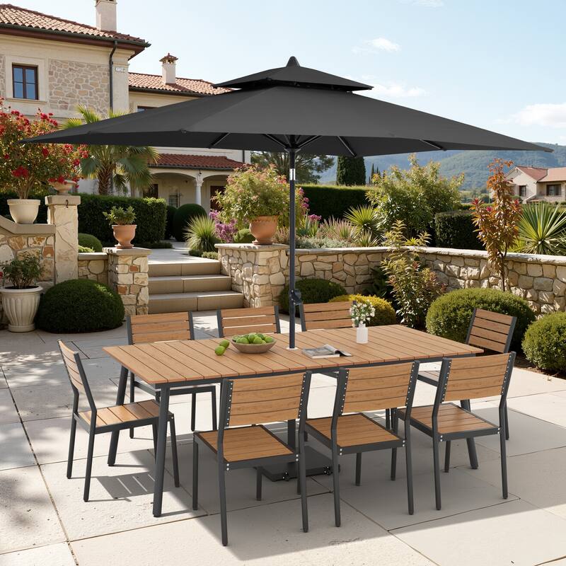 11-Piece Outdoor Dining Set Aluminum Table and 8 Stackable Chairs w/ 10 ft Umbrella and Base Stand