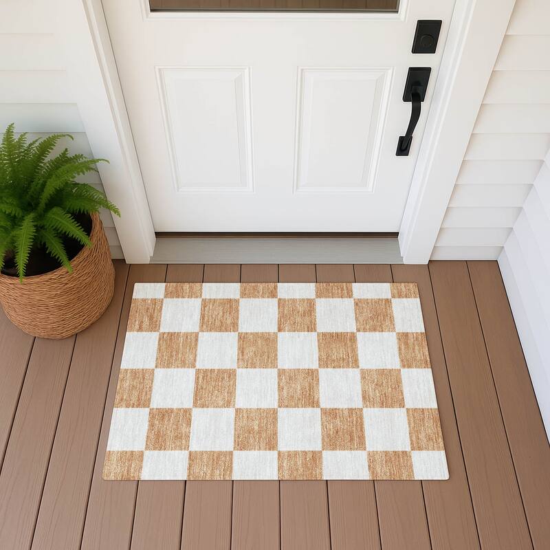 Machine Washable Indoor/ Outdoor Modern Checker Chantille Rug - Copper - 1'8" x 2'6"