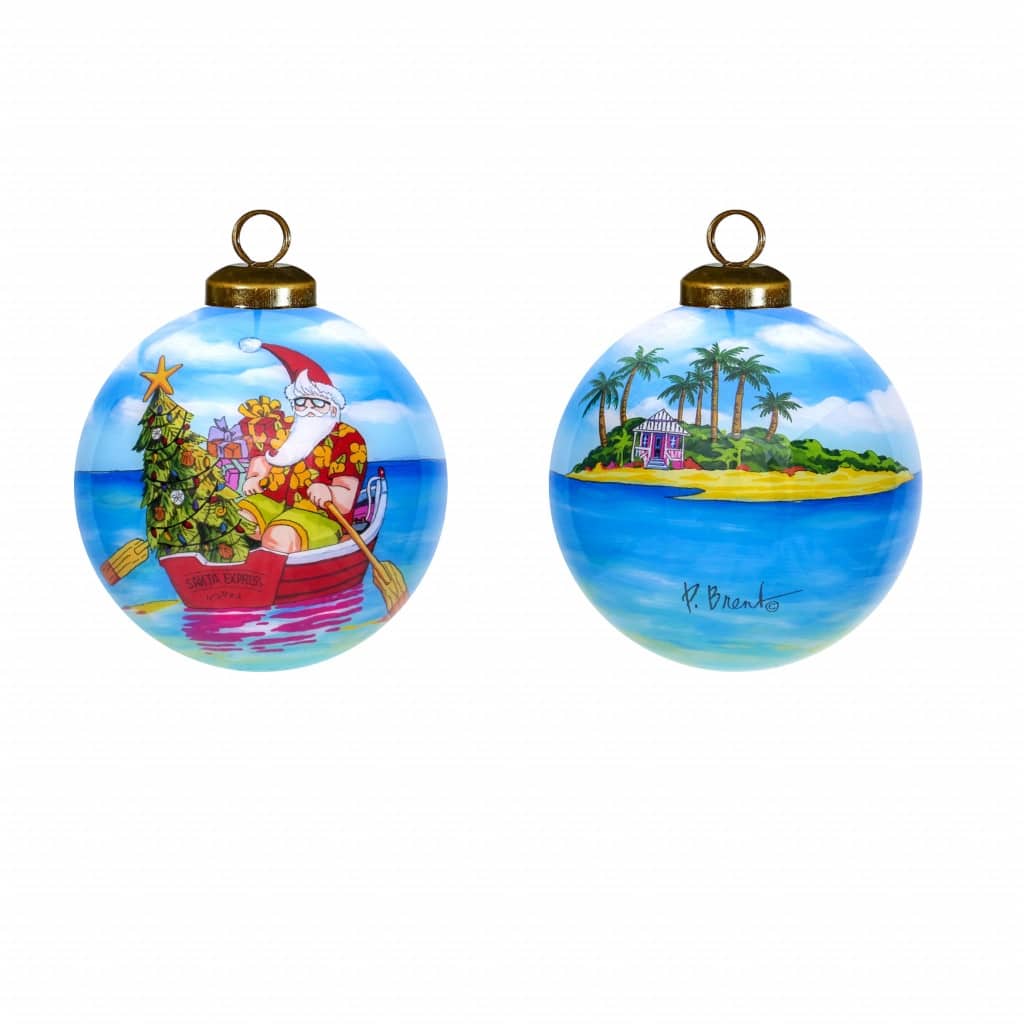 Rowing Santa Express Hand Painted Mouth Blown Glass Ornament - 3" x 3" x 3"