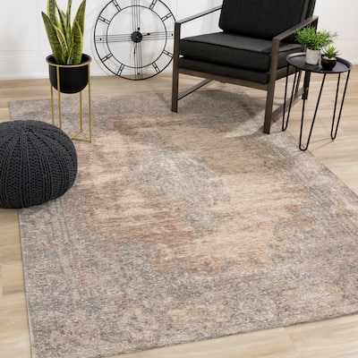 Kylie Collection - Pink/Grey Vintage Border Rug - 7'6" x 10'10"