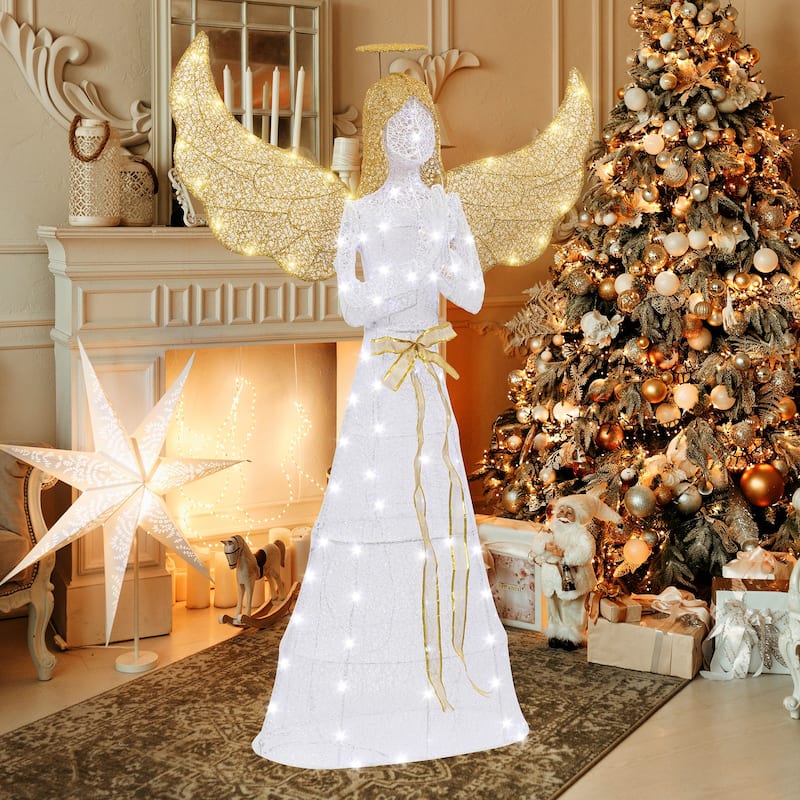 Golden Wing Angel Christmas Decoration With Light - White