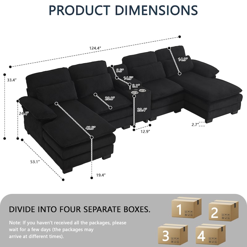 124" Modern Modular Sofa with Double Recliner and USB Port with Center Console