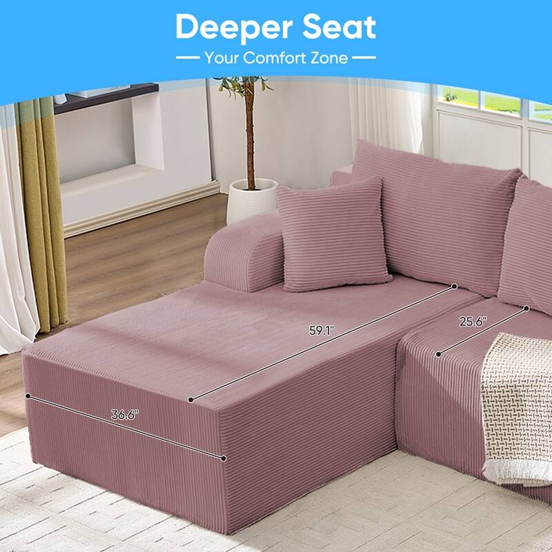 Mixoy 2-Pcs Free Combination Modular Sectional Sofas with Deep Seat,Corduroy L-Shaped Sofa with Chaise Lounge - 3-Seater