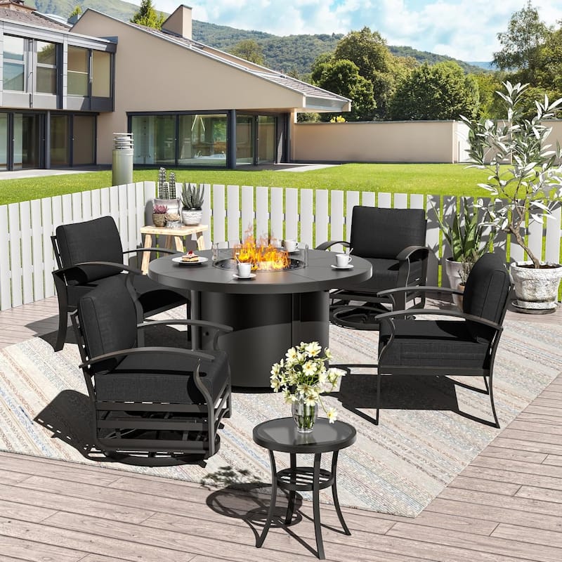 Patio Aluminum Sofa with Armrests, Outdoor Conversation Set with Round Fire Pit Table 5inch Thick Seat Cushions