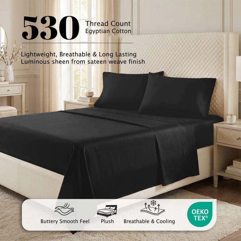 Superior Egyptian Cotton 530 TC Sheet Set Sateen Weave, Deep Pocket, Ultra‑Soft & Breathable Bedding