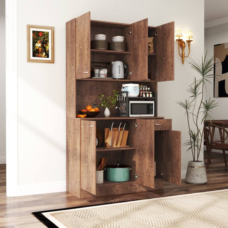 Modern Tall Cabinet with 6 Doors, 1 Open Shelf and 1 Drawer for Bedroom, Kitchen - Walnut2