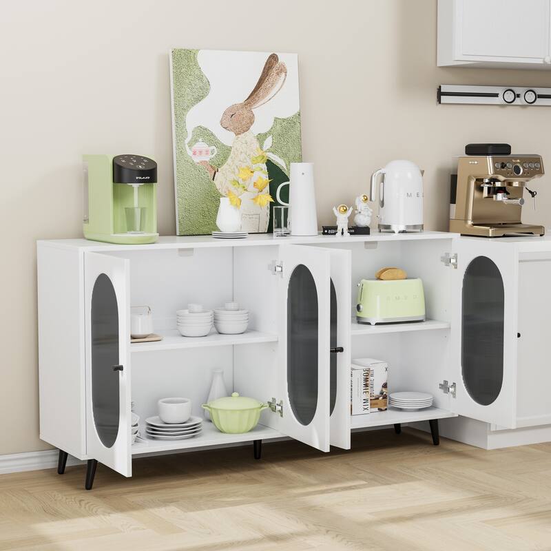Anmytek 60" White Buffet Cabinet with Storage, 4 Acrylic Doors Accent Sideboard Cabinet for Living Room Entryway Hallway