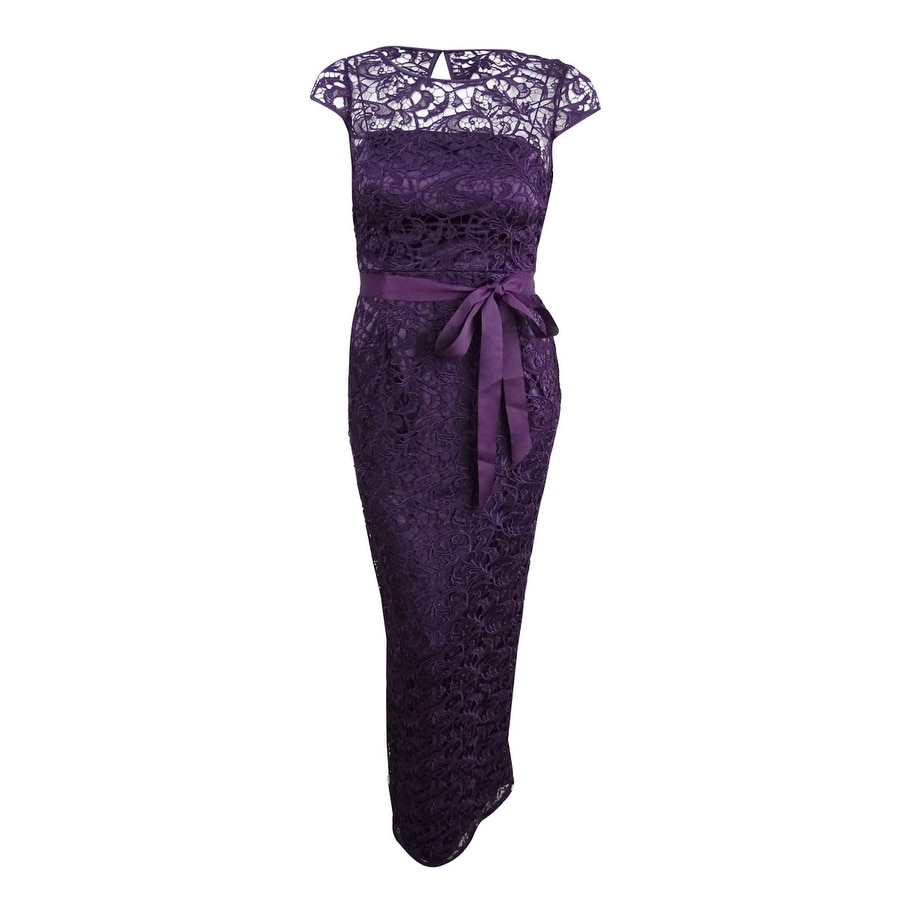 adrianna papell belted lace gown