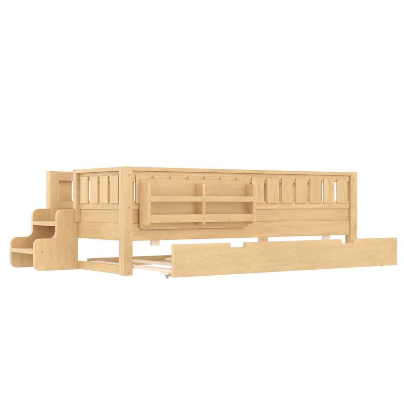 Full/Twin Size Wood Bed with Built-in Bookshelves and Storage Staircase, Safety Rails and Trundle Bed