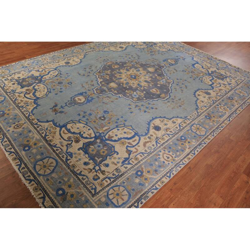 Blue Tabriz Persian Area Rug Oriental Floral Hand-Knotted Wool Carpet - 7'10"x 10'9"
