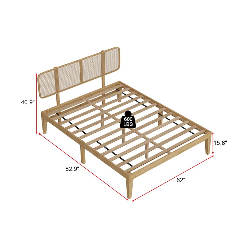 Solid Wood Platform Bed Frame with Rattan Headboard, 600 lbs Heavy Duty Support, Plywood Slats Queen / Full Size