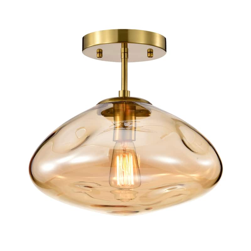 Einar Moulded Glass Shade Semi-Flushmount Ceiling Lamp - Brass-Amber