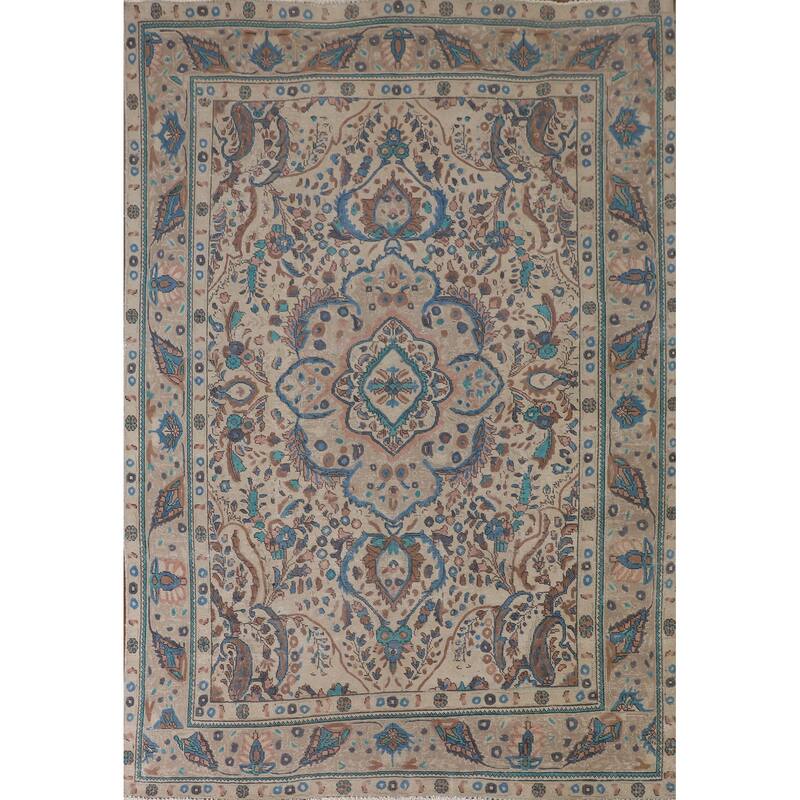Over-Dyed Tabriz Persian Vintage Area Rug Handmade Beige Wool Carpet - 6'9"x 9'1"