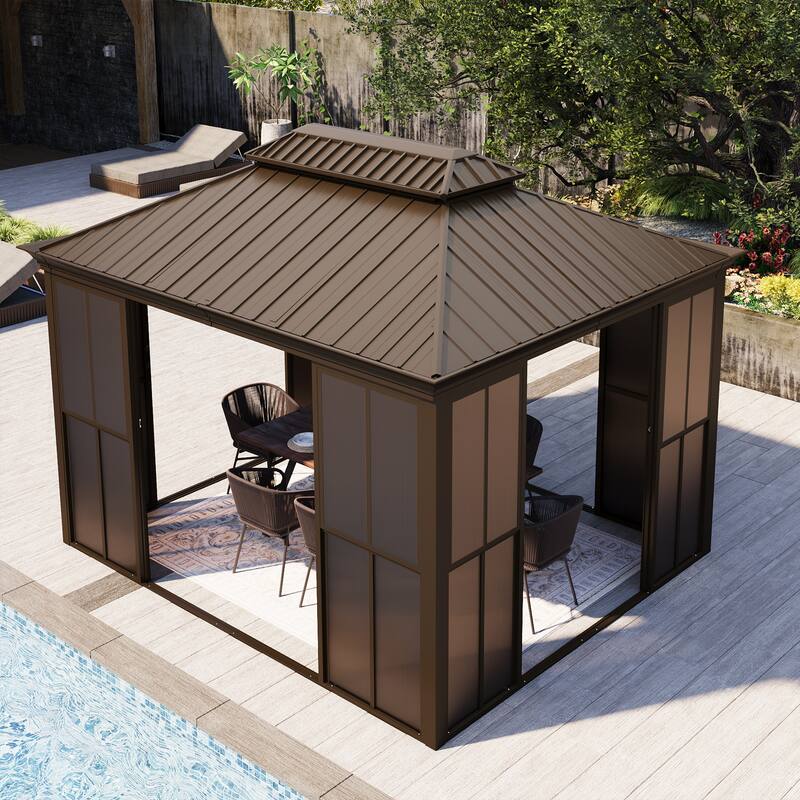 Hardtop Gazebo with Double Steel Roof, Sliding/Lockable Doors & Screens - All-Season Rustproof Aluminum Frame，Advanced Drainage