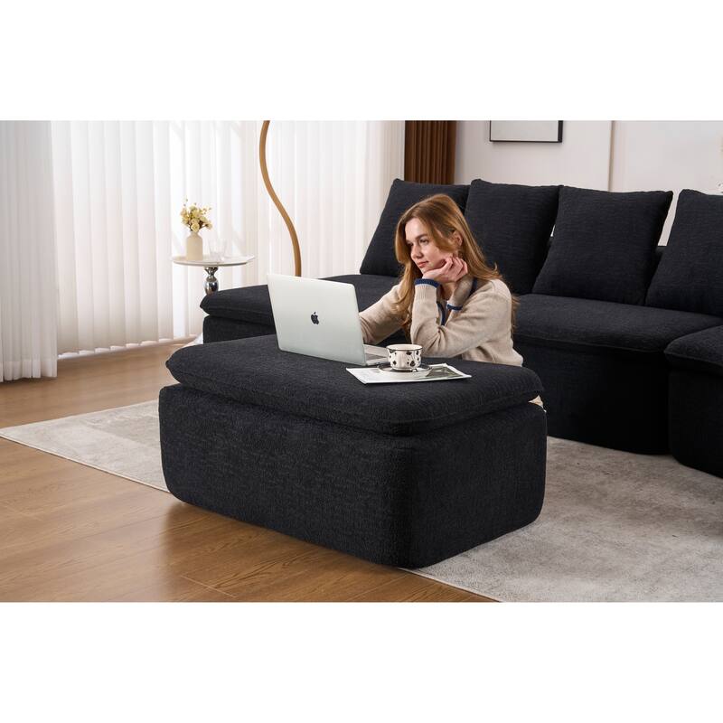 U-Shaped Modular Sectional Sofa with Ottoman, Woodgrain Chenille Deep Seat Boneless Couch, Compression Sofa with Pillows