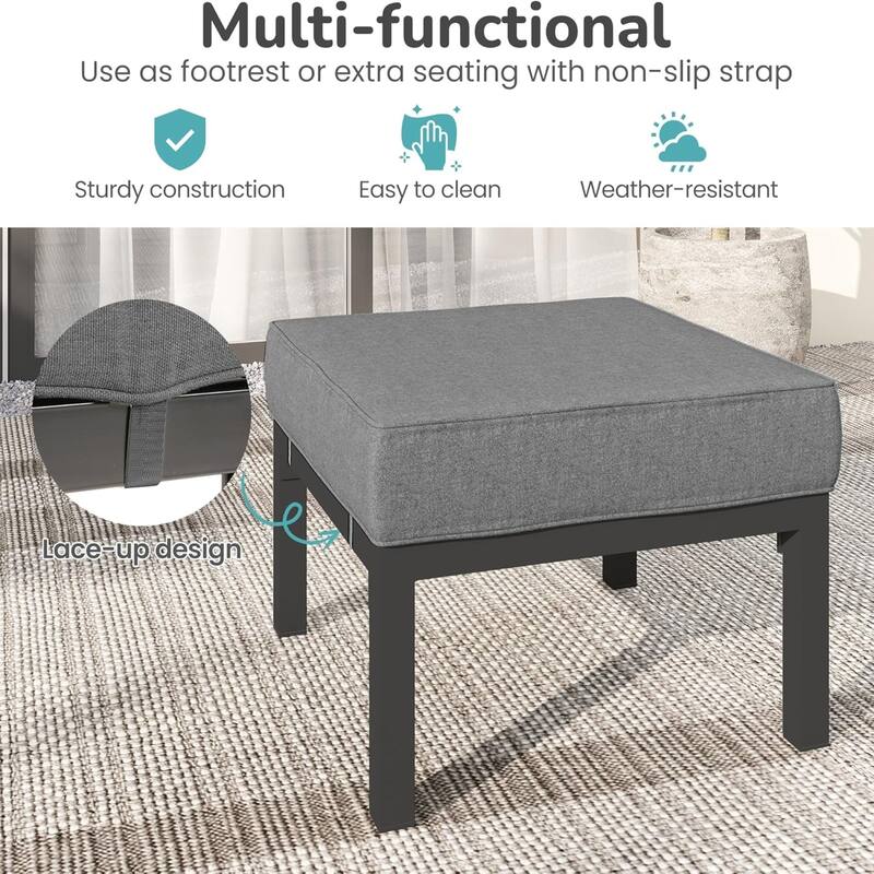 Set of 2 24" Aluminum Patio Ottomans with Dark Gray Cushions