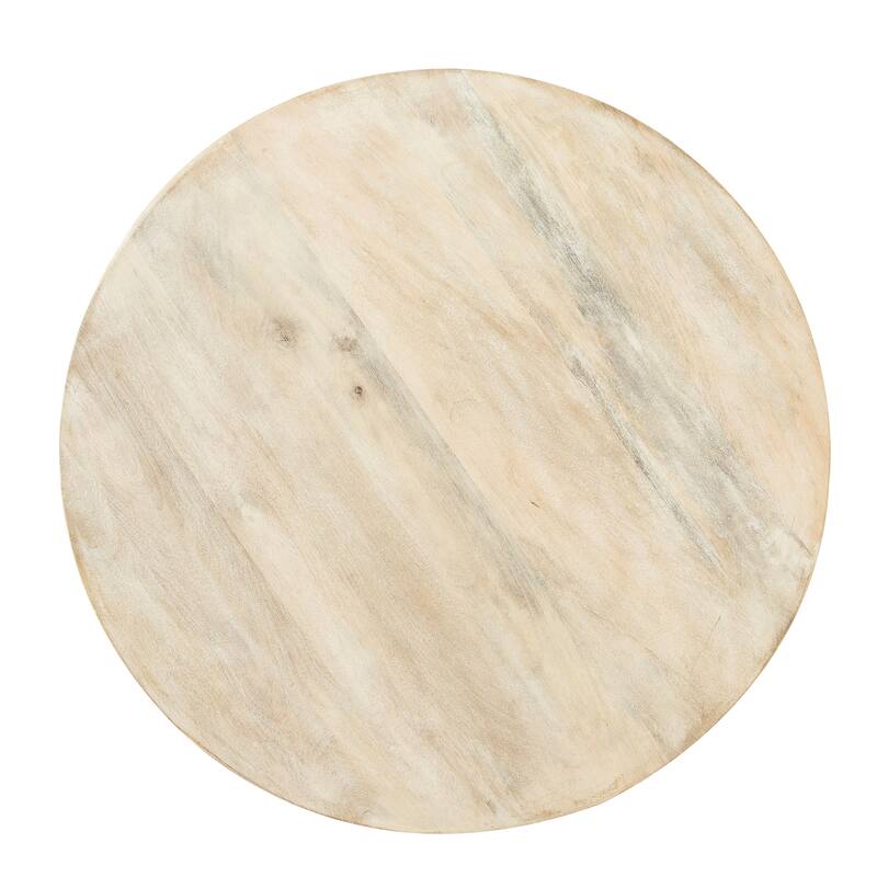 Round Mango Wood Table with 2 Cane Shelves