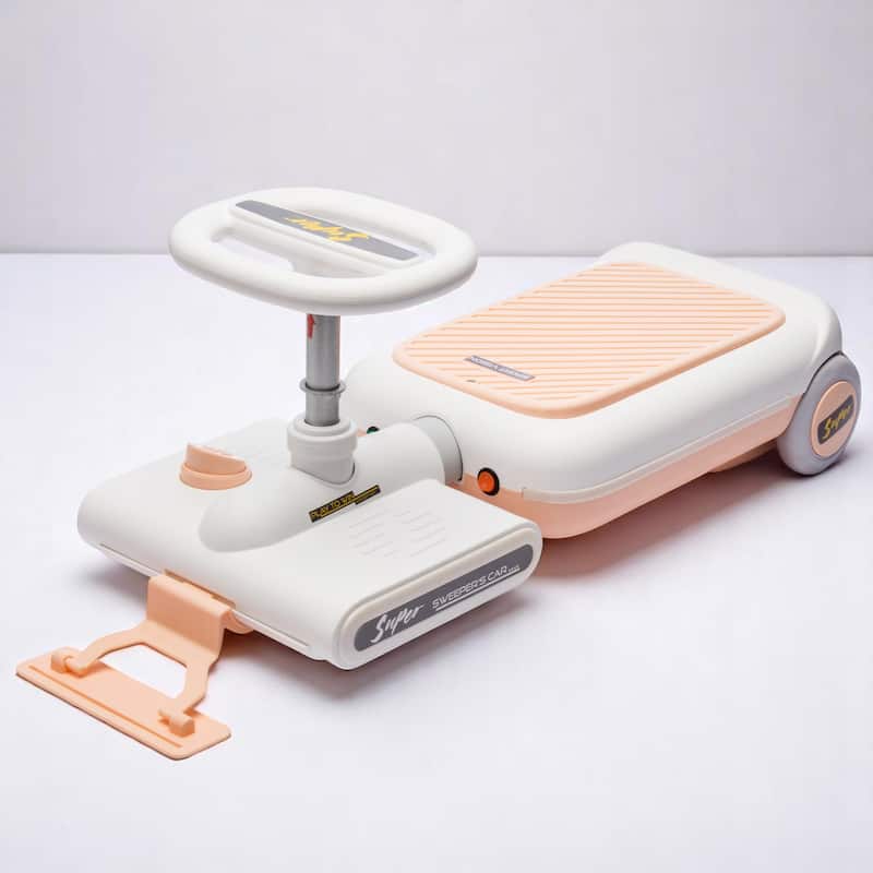 12V Electric Ride-On Cleaning Car for Kids with Mopping Function, Music, Lights, Retractable Body - Toddler Cleaning Vehicle - Pink