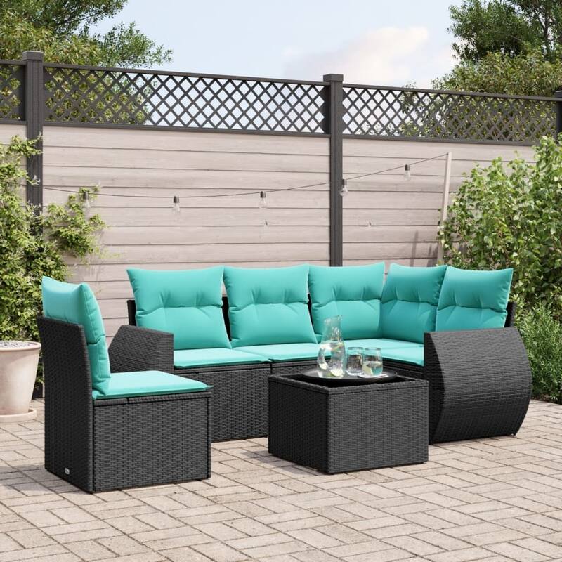 vidaXL 5 Piece Patio Sofa Set with Cushions Black Poly Rattan - 28 x 24.4 x 27.2-With table