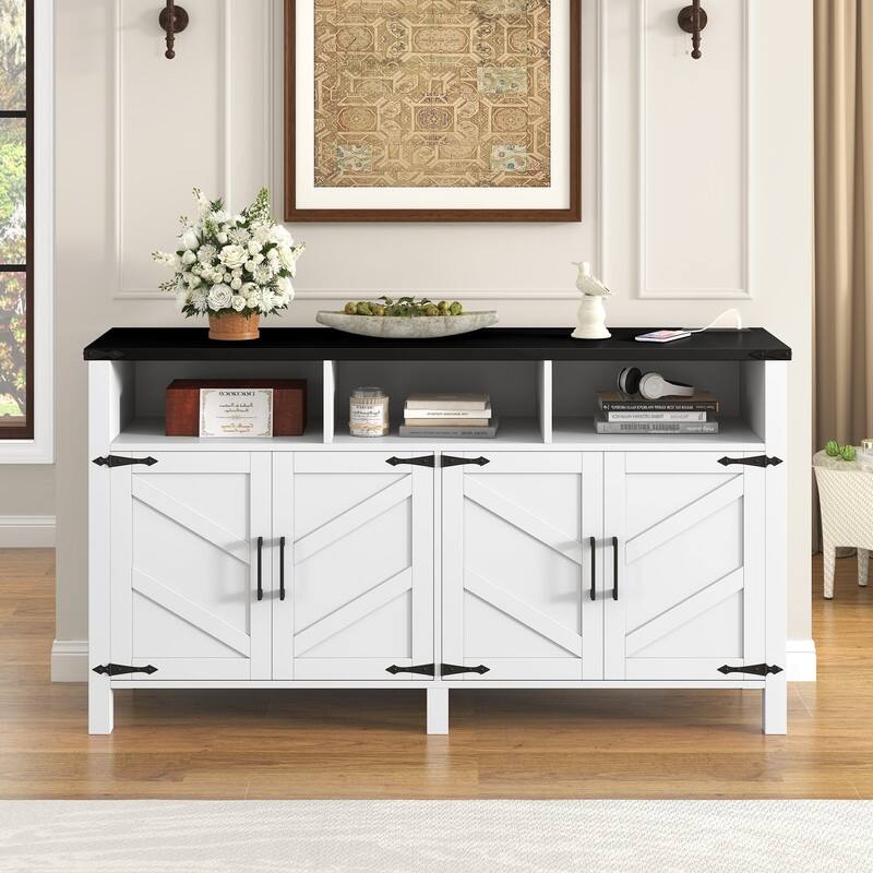 Modern 4-Door Sideboard Buffet with Power Outlets Adjustable Shelves and Half-Open Storage Design