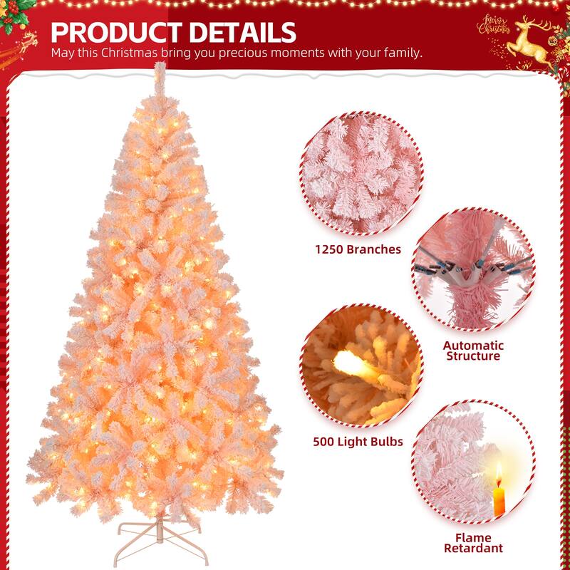 Artificial Snow-Flocked Christmas Tree with Thick Pine Branches and US Plug and Metal Stand