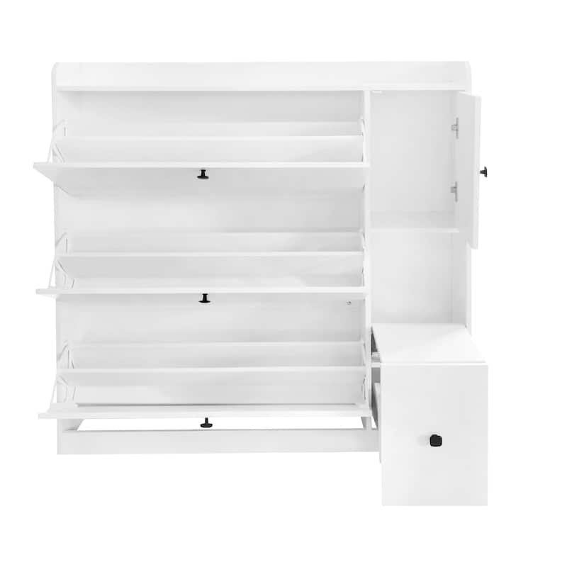 Modern Shoe Cabinet with Pull-Down Seat & 3 Flip Drawers, Freestanding Entryway Storage
